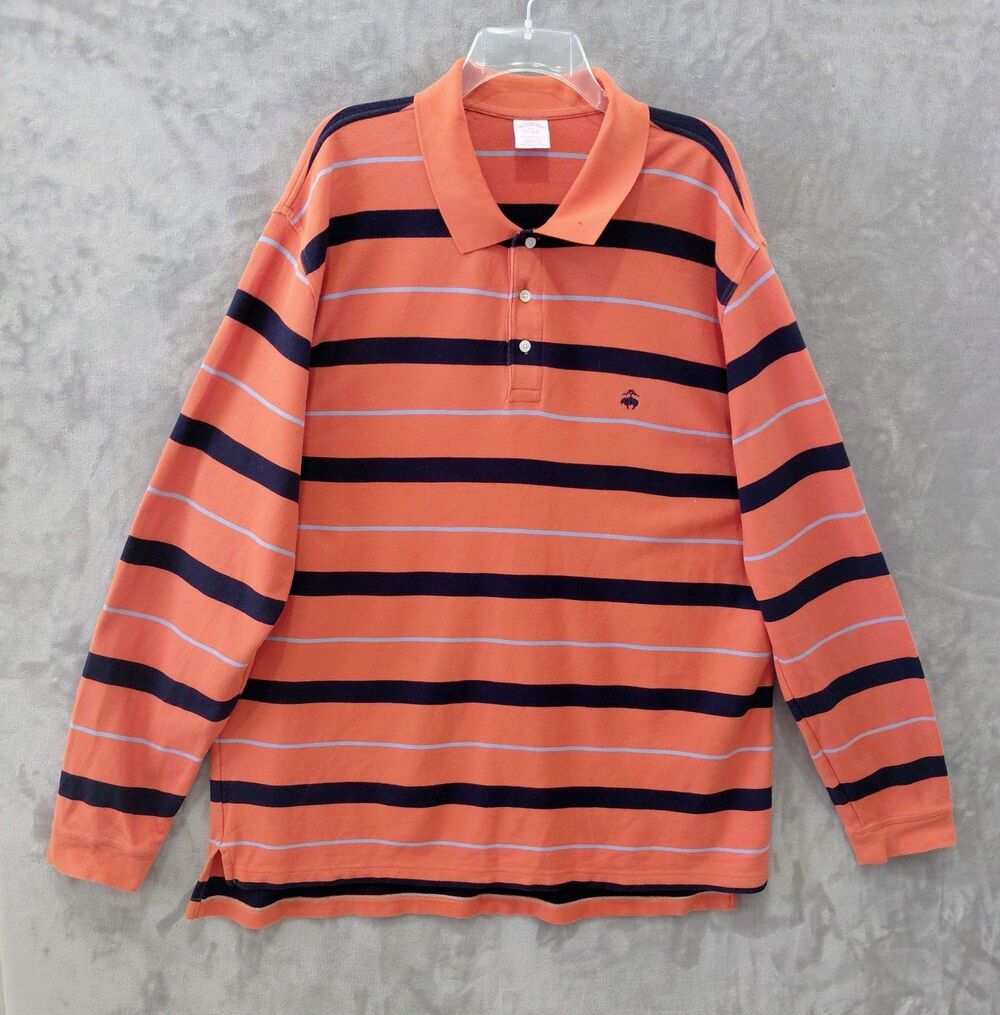Brooks Brothers Striped Long Sleeve Polo Shirt Men's XXL Orange Navy Logo VTG